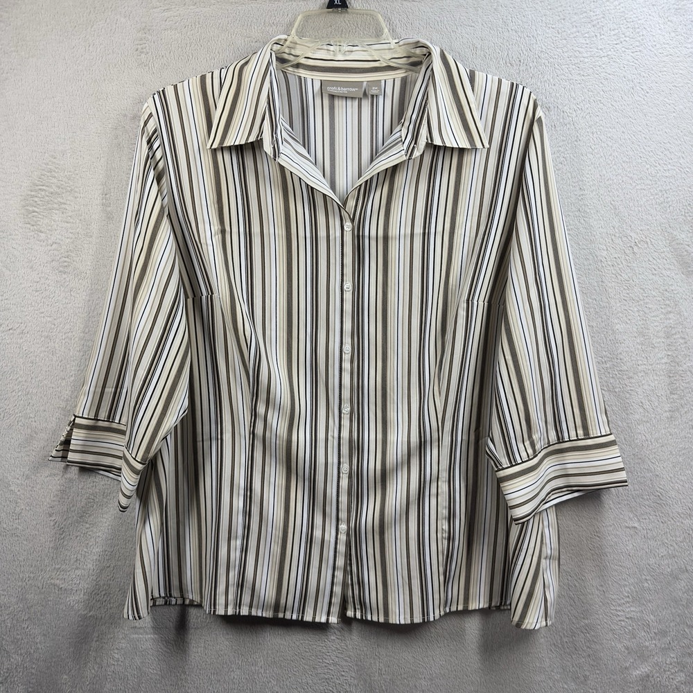 Croft & Barrow Button Front Shirt Women's 2X Stretch Neutral Stripe 3/4 Sleeve